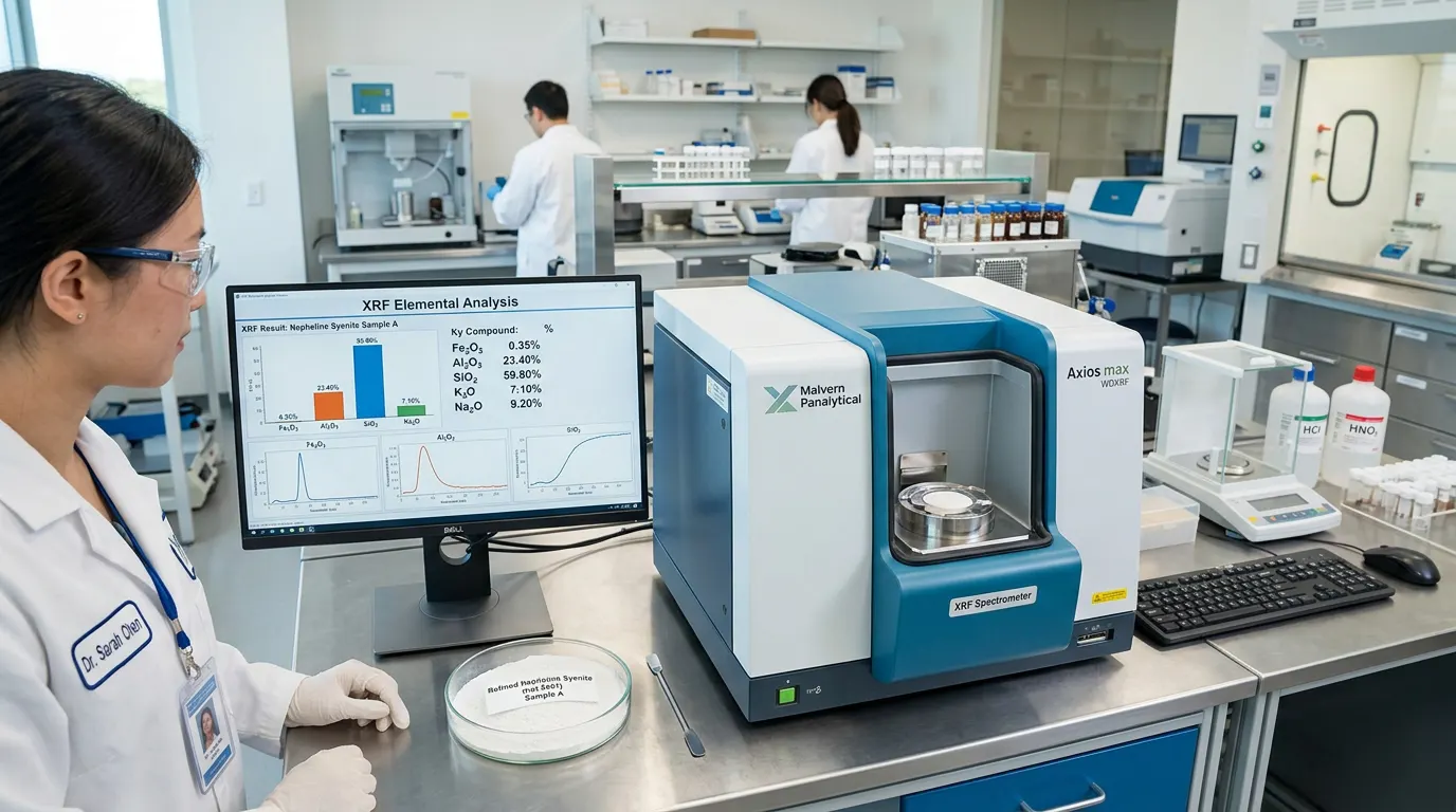 استانداردهای کیفی، آنالیز شیمیایی XRF و روش‌های کنترل اکسید آهن در نفلین سینیت